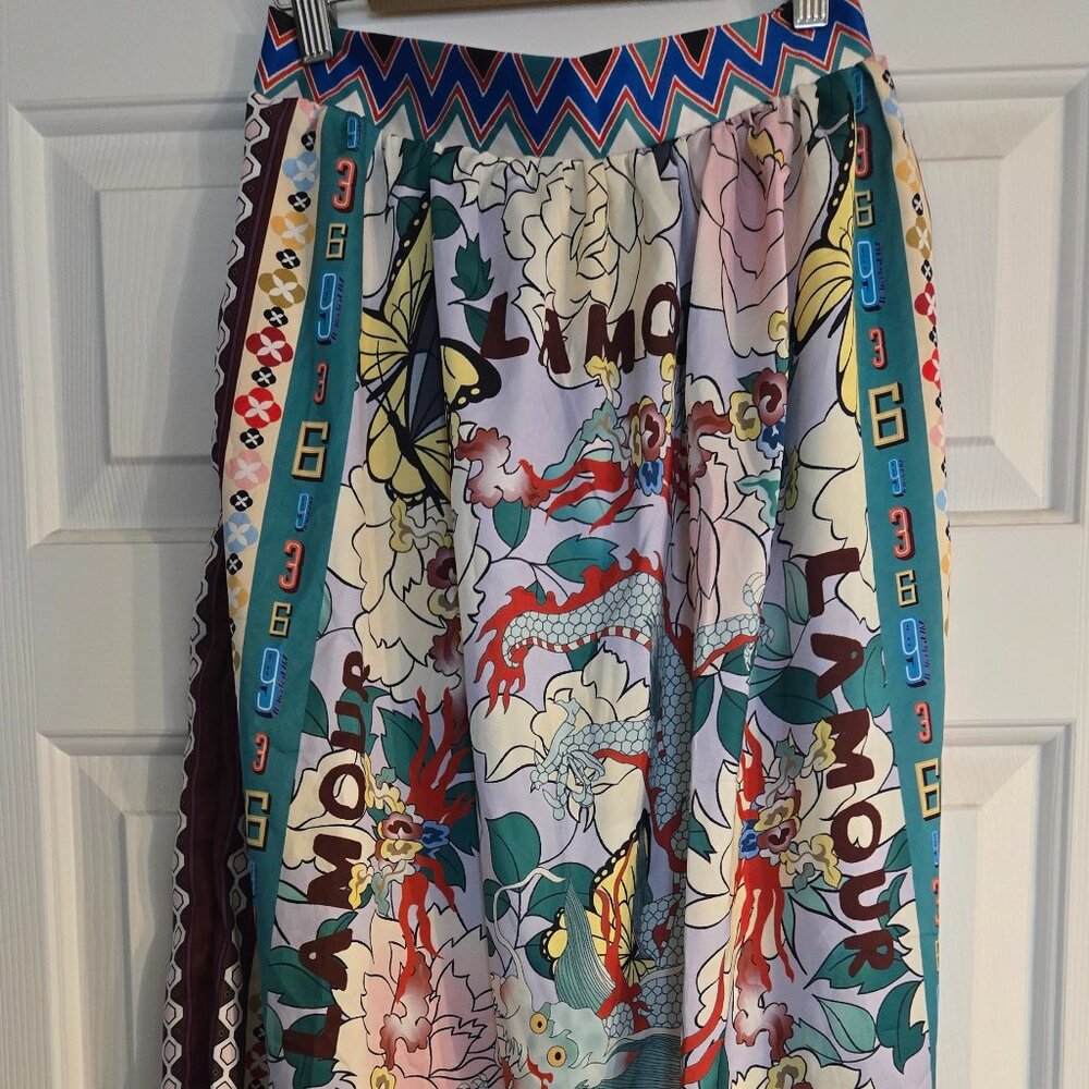 Printed Floral & Dragon Maxi Skirt in Multicolor